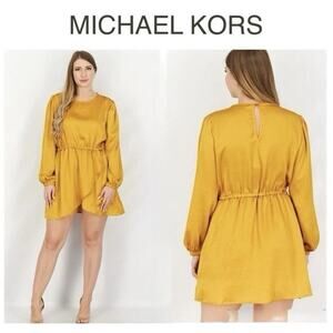 Michael Kors Blouson Sleeve Satin Flounce Dress Gold Marigold Size M